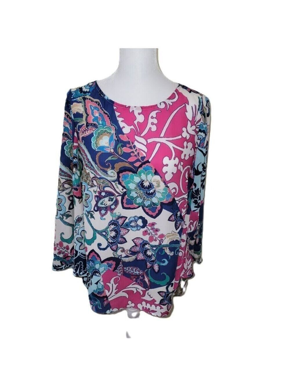 Chico’s Floral & Geometric Flowy Blouse Multicolor Semi Sheer Women's Size S